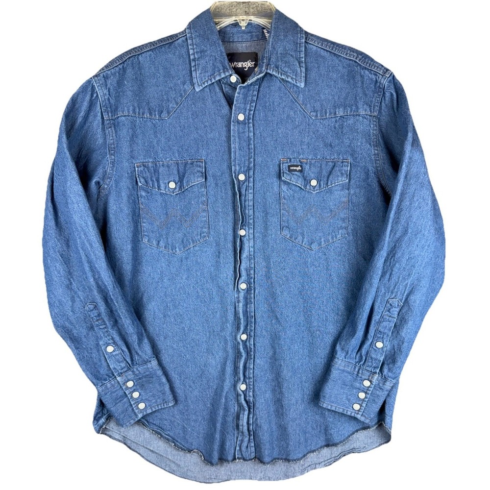 Vintage Wrangler Shirt Mens L Blue Denim Jean Western Pearl Snap Rodeo Cowboy